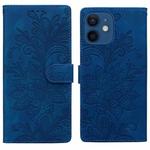 For iPhone 12 Lace Floral Embossed Magnetic Buckle PU Phone Case With Wrist Strap(Blue)