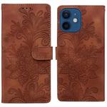 For iPhone 12 Lace Floral Embossed Magnetic Buckle PU Phone Case With Wrist Strap(Brown)