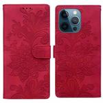 For iPhone 12 Pro Max / 13 Pro Max Lace Floral Embossed Magnetic Buckle PU Phone Case With Wrist Strap(Red)