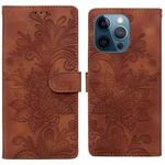 For iPhone 12 Pro Max / 13 Pro Max Lace Floral Embossed Magnetic Buckle PU Phone Case With Wrist Strap(Brown)