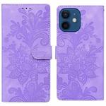 For iPhone 12 mini / 13 mini Lace Floral Embossed Magnetic Buckle PU Phone Case With Wrist Strap(Purple)