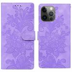 For iPhone 12 Pro Lace Floral Embossed Magnetic Buckle PU Phone Case With Wrist Strap(Purple)