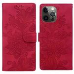 For iPhone 12 Pro Lace Floral Embossed Magnetic Buckle PU Phone Case With Wrist Strap(Red)