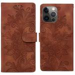 For iPhone 12 Pro Lace Floral Embossed Magnetic Buckle PU Phone Case With Wrist Strap(Brown)