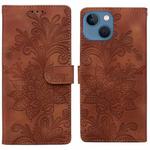 For iPhone 13 / 14 Lace Floral Embossed Magnetic Buckle PU Phone Case With Wrist Strap(Brown)