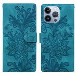 For iPhone 13 Pro Lace Floral Embossed Magnetic Buckle PU Phone Case With Wrist Strap(Green)