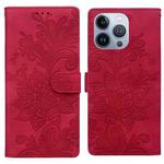 For iPhone 13 Pro Lace Floral Embossed Magnetic Buckle PU Phone Case With Wrist Strap(Red)