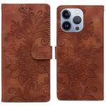 For iPhone 13 Pro Lace Floral Embossed Magnetic Buckle PU Phone Case With Wrist Strap(Brown)