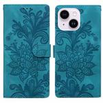 For iPhone 14 Plus / 15 Plus Lace Floral Embossed Magnetic Buckle PU Phone Case With Wrist Strap(Green)