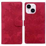 For iPhone 14 Plus / 15 Plus Lace Floral Embossed Magnetic Buckle PU Phone Case With Wrist Strap(Red)