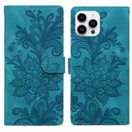 For iPhone 14 Pro Lace Floral Embossed Magnetic Buckle PU Phone Case With Wrist Strap(Green)