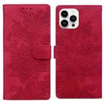 For iPhone 14 Pro Lace Floral Embossed Magnetic Buckle PU Phone Case With Wrist Strap(Red)