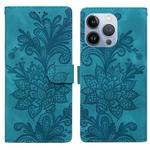 For iPhone 14 Pro Max Lace Floral Embossed Magnetic Buckle PU Phone Case With Wrist Strap(Green)