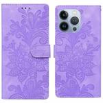 For iPhone 14 Pro Max Lace Floral Embossed Magnetic Buckle PU Phone Case With Wrist Strap(Purple)