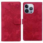 For iPhone 14 Pro Max Lace Floral Embossed Magnetic Buckle PU Phone Case With Wrist Strap(Red)