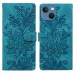 For iPhone 15 Lace Floral Embossed Magnetic Buckle PU Phone Case With Wrist Strap(Green)