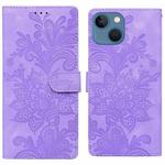 For iPhone 15 Lace Floral Embossed Magnetic Buckle PU Phone Case With Wrist Strap(Purple)