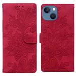 For iPhone 15 Lace Floral Embossed Magnetic Buckle PU Phone Case With Wrist Strap(Red)