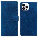 For iPhone 15 Pro Lace Floral Embossed Magnetic Buckle PU Phone Case With Wrist Strap(Blue)