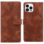 For iPhone 15 Pro Lace Floral Embossed Magnetic Buckle PU Phone Case With Wrist Strap(Brown)