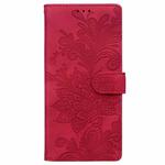 For iPhone 15 Pro Max Lace Floral Embossed Magnetic Buckle PU Phone Case With Wrist Strap(Red)