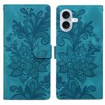 For iPhone 16 Plus Lace Floral Embossed Magnetic Buckle PU Phone Case With Wrist Strap(Green)