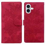 For iPhone 16 Plus Lace Floral Embossed Magnetic Buckle PU Phone Case With Wrist Strap(Red)