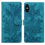 For iPhone X / XS Lace Floral Embossed Magnetic Buckle PU Phone Case With Wrist Strap(Green)