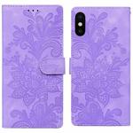 For iPhone X / XS Lace Floral Embossed Magnetic Buckle PU Phone Case With Wrist Strap(Purple)