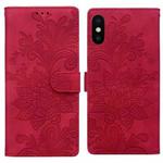 For iPhone X / XS Lace Floral Embossed Magnetic Buckle PU Phone Case With Wrist Strap(Red)