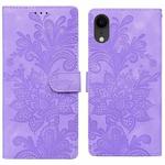 For iPhone XR Lace Floral Embossed Magnetic Buckle PU Phone Case With Wrist Strap(Purple)