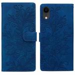 For iPhone XR Lace Floral Embossed Magnetic Buckle PU Phone Case With Wrist Strap(Blue)