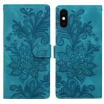 For iPhone XS Max Lace Floral Embossed Magnetic Buckle PU Phone Case With Wrist Strap(Green)