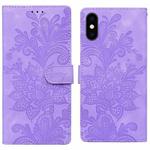 For iPhone XS Max Lace Floral Embossed Magnetic Buckle PU Phone Case With Wrist Strap(Purple)