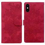 For iPhone XS Max Lace Floral Embossed Magnetic Buckle PU Phone Case With Wrist Strap(Red)