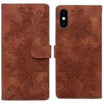 For iPhone XS Max Lace Floral Embossed Magnetic Buckle PU Phone Case With Wrist Strap(Brown)