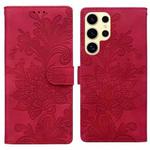 For Samsung Galaxy S25 Ultra 5G Lace Floral Embossed Magnetic Buckle PU Phone Case With Wrist Strap(Red)