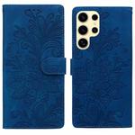 For Samsung Galaxy S25 Ultra 5G Lace Floral Embossed Magnetic Buckle PU Phone Case With Wrist Strap(Blue)