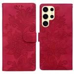 For Samsung Galaxy S24 Ultra 5G Lace Floral Embossed Magnetic Buckle PU Phone Case With Wrist Strap(Red)