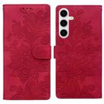 For Samsung Galaxy S25+ 5G Lace Floral Embossed Magnetic Buckle PU Phone Case With Wrist Strap(Red)