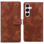 For Samsung Galaxy S23 FE 5G Lace Floral Embossed Magnetic Buckle PU Phone Case With Wrist Strap(Brown)