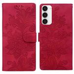 For Samsung Galaxy S23 5G Lace Floral Embossed Magnetic Buckle PU Phone Case With Wrist Strap(Red)