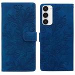 For Samsung Galaxy S23 5G Lace Floral Embossed Magnetic Buckle PU Phone Case With Wrist Strap(Blue)