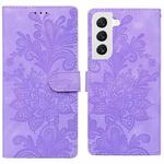 For Samsung Galaxy S22+ 5G Lace Floral Embossed Magnetic Buckle PU Phone Case With Wrist Strap(Purple)