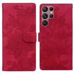 For Samsung Galaxy S22 Ultra 5G Lace Floral Embossed Magnetic Buckle PU Phone Case With Wrist Strap(Red)