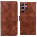 For Samsung Galaxy S22 Ultra 5G Lace Floral Embossed Magnetic Buckle PU Phone Case With Wrist Strap(Brown)