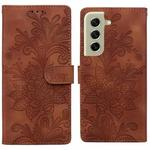 For Samsung Galaxy S21+ 5G Lace Floral Embossed Magnetic Buckle PU Phone Case With Wrist Strap(Brown)