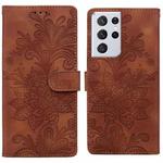 For Samsung Galaxy S21 Ultra 5G Lace Floral Embossed Magnetic Buckle PU Phone Case With Wrist Strap(Brown)