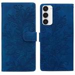 For Samsung Galaxy S23+ 5G Lace Floral Embossed Magnetic Buckle PU Phone Case With Wrist Strap(Blue)