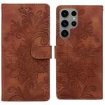 For Samsung Galaxy S23 Ultra 5G Lace Floral Embossed Magnetic Buckle PU Phone Case With Wrist Strap(Brown)